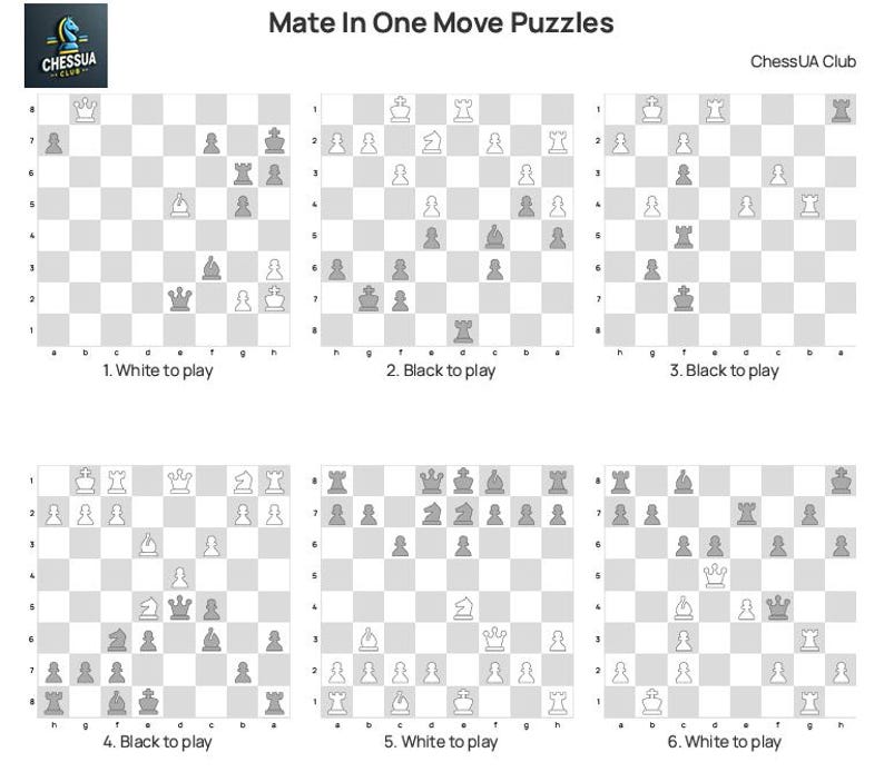 Chess Puzzles Workbook: Mate in One Move - Brain Teasers (printable PDF ...