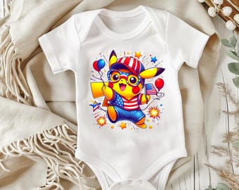 4th of July Pik4chu Baby Onesie – Patriotic Fireworks pokiimon Bodysuit – Red White Blue Baby Outfit – USA Independence Day Infant Romper