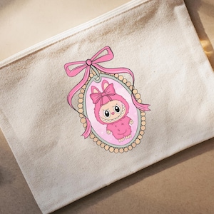 Labubu Inspired Coquette Bow Pink Makeup / Coin / Pencil Purse – Natural & Black Options