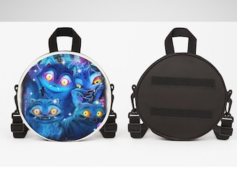 Derpi Demon Cat Mini Crossbody Bag – Kawaii Circular 9x9 Inch Black Purse