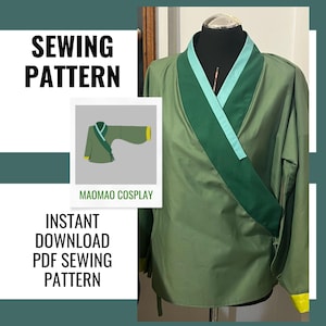 May include: A sewing pattern for a wrap-style top featuring long sleeves with yellow cuffs. The garment is sage green with a dark green and light blue collar. Text on the image reads SEWING PATTERN, MAOMAO COSPLAY, and INSTANT DOWNLOAD PDF SEWING PATTERN.