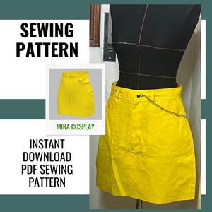 May include: A bright yellow mini skirt with a silver chain detail attached to the waistband. The text SEWING PATTERN, MIRA COSPLAY, and INSTANT DOWNLOAD PDF SEWING PATTERN are visible. The skirt is displayed on a black mannequin torso.