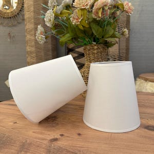 Könnte beinhalten: Zwei weiße Lampenschirme in konischer Form stehen auf einer Holzoberfläche. Die Lampenschirme bestehen aus einem glatten, undurchsichtigen Material und haben ein schlichtes Design. Im Hintergrund befinden sich eine Blumenvase und dekorative Gegenstände.