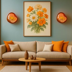 Könnte beinhalten: Ein Wohnzimmer mit einem beigen Sofa, orangefarbenen und beigen Kissen und einem Holztisch. Ein gerahmter Blumendruck hängt über dem Sofa, und zwei dekorative Wandleuchten befinden sich auf beiden Seiten. Ein Teppich und eine Stehlampe vervollständigen die Einrichtung.