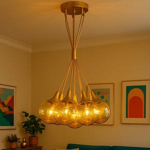 May include: A stylish living room with a gold chandelier, teal and orange sofas, and colourful cushions. The room includes framed artwork and a round wooden coffee table with a plant. A patterned rug completes the interior design. The chandelier has a height of approximately 60 cm.