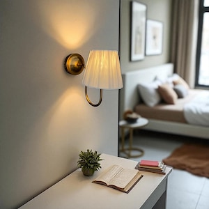 Gold Wall Sconce, Minimalist Wall Light, Fabric Wall Sconce, Bedside Sconce, Modern Bedroom Lighting, White Fabric Sconce, Wall Lighting