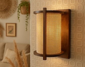 Boho Rattan Wall Sconce, Wooden Cylinder Light, Rustic Farmhouse Wall Lamp Fixture