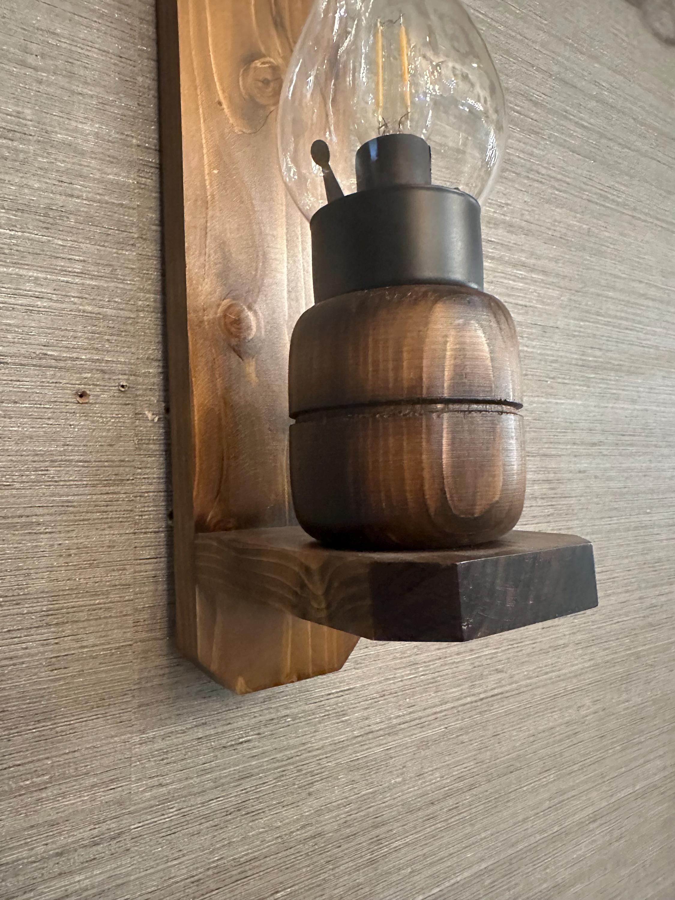 Rustic Wood Lantern Wall Sconce, Oil Lamp Style Wall Light, Boho 