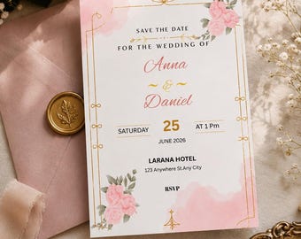 Blush Floral Wedding Invitation Printable | Watercolor Wedding Invite  | Editable Canva 5x7 | Instant Download PDF