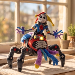 Könnte beinhalten: Ein Plüschtier, das eine Narrenfigur mit weißer Maske und rot-blau-gelber Mütze zeigt, die auf einer mechanischen, spinnenartigen Kreatur reitet. Die Kreatur hat einen roten Körper, dunkelgraue Beine mit roten Akzenten und buntes Fell.