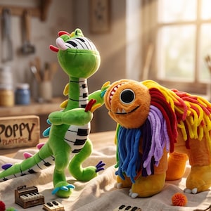 May include: A green plush dinosaur with a piano key pattern on its chest and tail, standing next to an orange plush monster with a long, multi-colored yarn mane. A small wooden block with the text Poppy Playtime is visible in the background.
