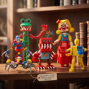 May include: A collection of five colorful brick-built figures including a green creature, a red and blue monster, a yellow figure, a red-skirted doll, and a multi-limbed character. A tag reads COLLECTOR'S EDITION - POPPY'S PLAYTIME CREATIONS.