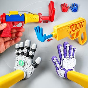 Könnte beinhalten: Eine Sammlung von Kunststoffspielzeugen, bestehend aus zwei Hand-Abschussgeräten in Rot, Blau und Gelb, zwei kleinen Handaufsätzen sowie zwei roboterartigen Handschuhen in Silber und Lila mit gelben Handgelenken und mechanischen Details.