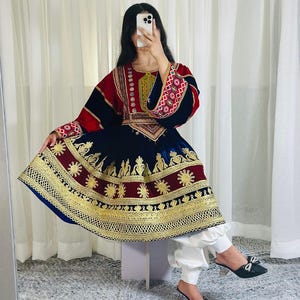 Vestido afegão feito à mão | Bordado tradicional kuchi | Vestido longo étnico boho