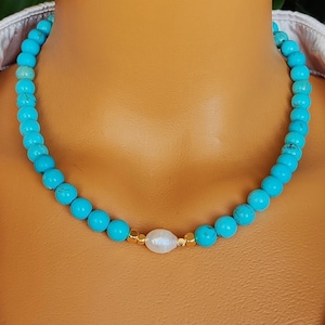 Turquoise Natural Stone and Real Pearl Necklace , Handmade Boho Jewelry , Elegant Gift Natural Stone Necklace for Women