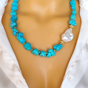 Turquoise Natural Stone and Artificial Baroque Pearl Necklace, Handmade Bohemian Jewelry, Gift for Women, Elegant and Stylish Gift