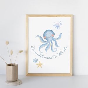 Octopus poster for baby&#39;s room – watercolor sea world wall art | Maritime nursery decor | Gift for birth & baptism | Poster with saying