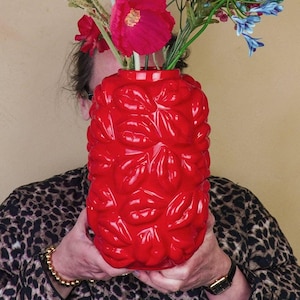 Può includere: Un vaso rosso vibrante pieno di fiori colorati. Il vaso ha un design strutturato a forma di labbra. I fiori includono papaveri arancioni, fiori rosa e allium blu, creando un contrasto sorprendente.