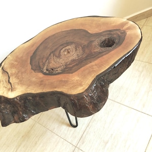 Puede incluir: Una mesa de centro única con borde natural. La tapa es una sección transversal de un tronco de árbol, que muestra la veta natural de la madera en tonos marrones y beige. Tiene un borde de corteza oscuro y texturizado y está sostenida por tres patas de horquilla de metal negro.