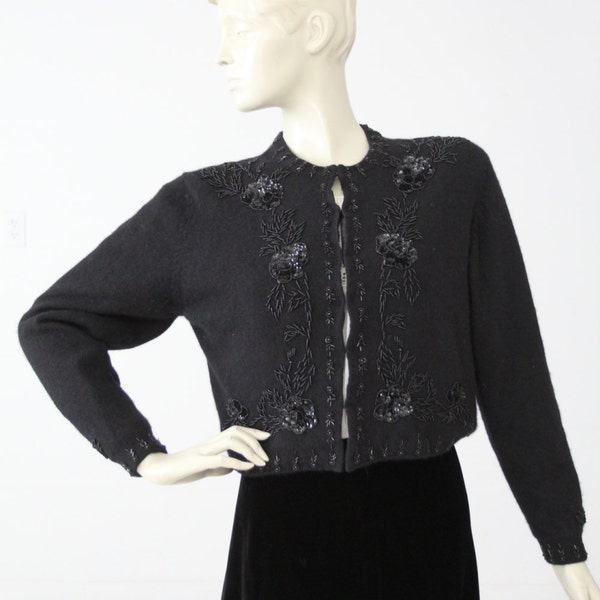 vintage beaded cardigan sweater, black angora cardi