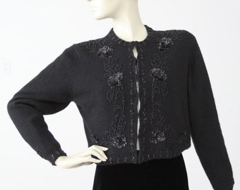 vintage beaded cardigan sweater, black angora cardi