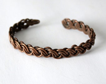 vintage copper cuff bracelet, knotted chain cuff