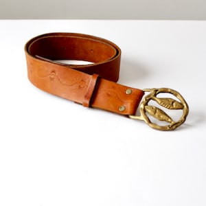 1970s Pisces zodiac buckle hippie belt, tooled leather belt