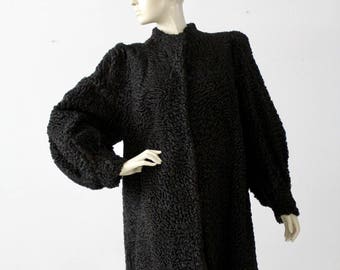 vintage Persian lamb fur coat, black curly lamb fur coat