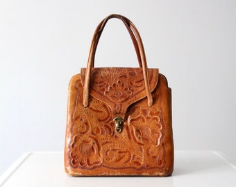 vintage tooled leather bag, western top handle satchel