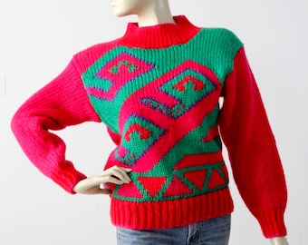 vintage 80s sweater,  pink geometric knit pullover