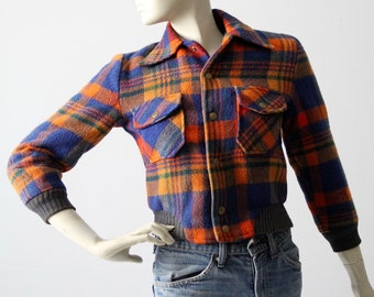 vintage plaid wool bomber jacket, snap up coat