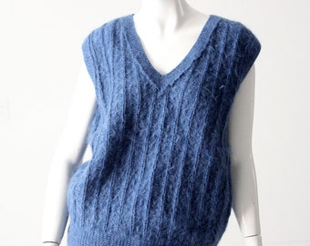 Vintage blaue Mohair Fuzzy Pullover Weste