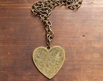 vintage heart pendant necklace, brass statement jewelry