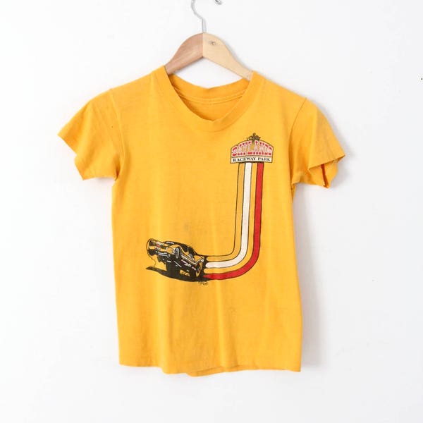 vintage Baylands Raceway t-shirt, 80s yellow car tee, Fremont Dragstrip