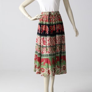 vintage 70s boho skirt, block print elephant hippie skirt