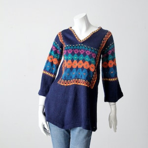 vintage 70s blue hippie knit pullover sweater
