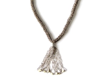 vintage beaded tassel necklace, silver flapper style necklace