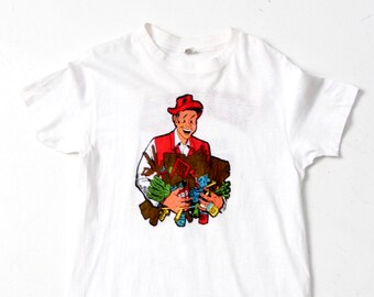vintage 80s graphic tee, large white construction tee