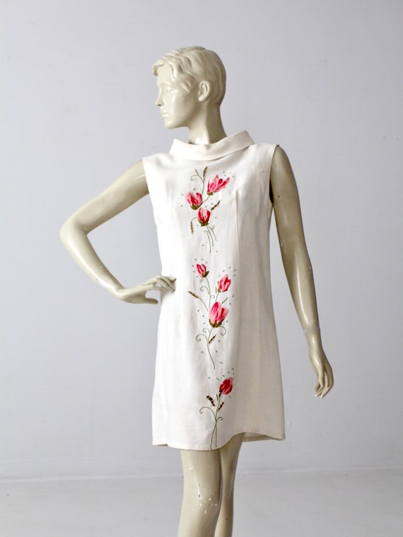 vintage linen shift dress, mod white with pink fl… - image 1