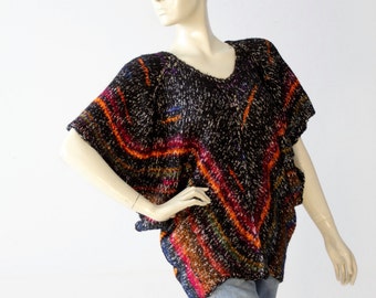 vintage 70s butterfly sleeve sweater, black metallic knit blouse