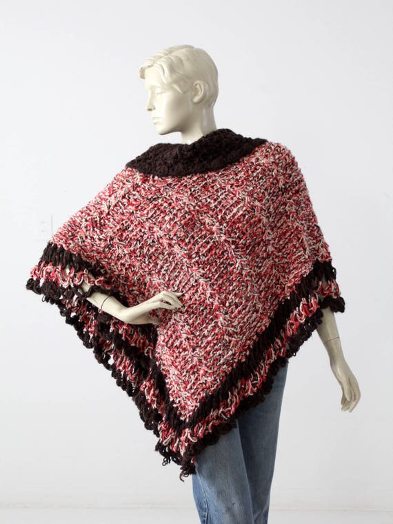 vintage hand-knit poncho, asymmetrical chunky knit