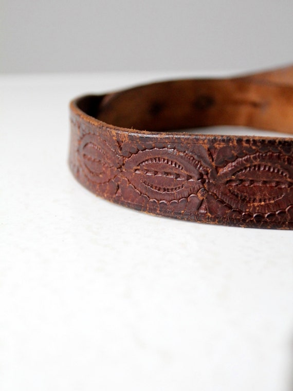 vintage 70s tooled brown leather belt - image 3