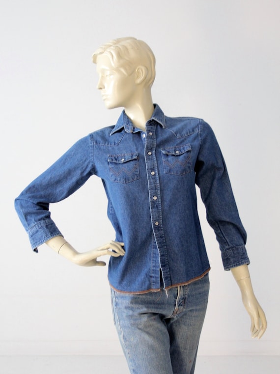 denim shirt by Wrangler, vintage chambray snap up… - image 1