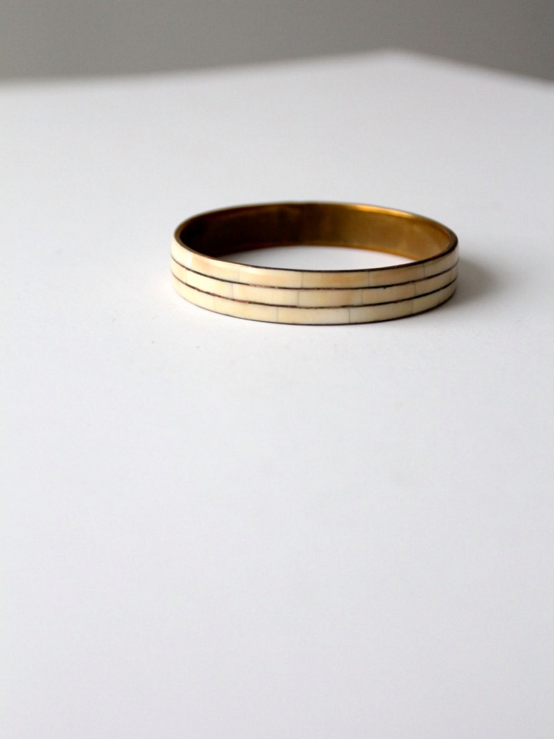 1970s bangle bracelet brass with bone inlay bangle