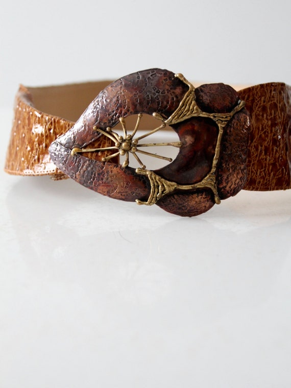 vintage wide reptile belt with brutalist art buckl