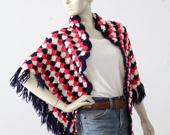 vintage 70s crotchet shawl, red white and blue sweater wrap