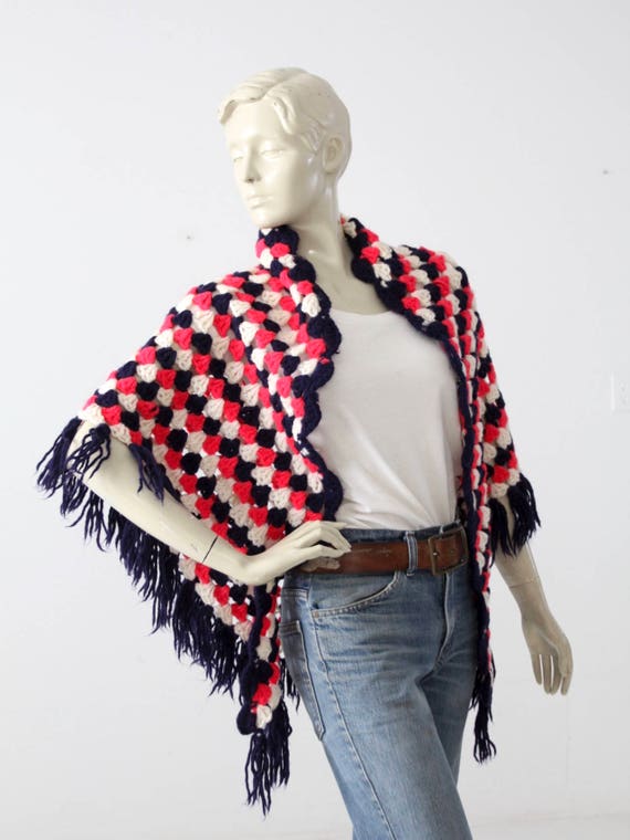 vintage 70s knit shawl, red white and blue, sweate