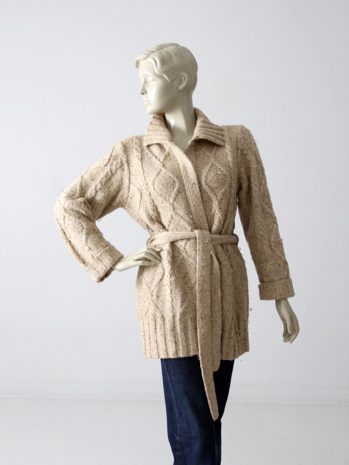 Vintage Cable Knit Wrap Cardigan Sweater, 1970s Chunky Knit Sweater