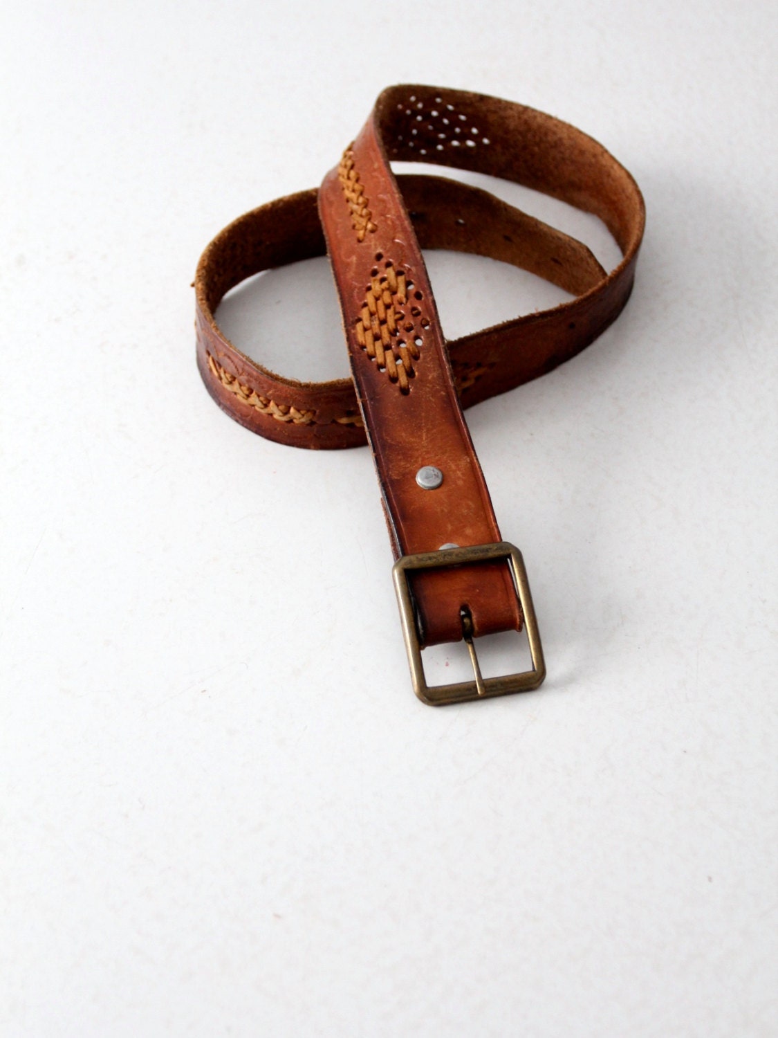 Vintage 60s Leather Belt Brown Leather Stitch Diamond Belt - Etsy