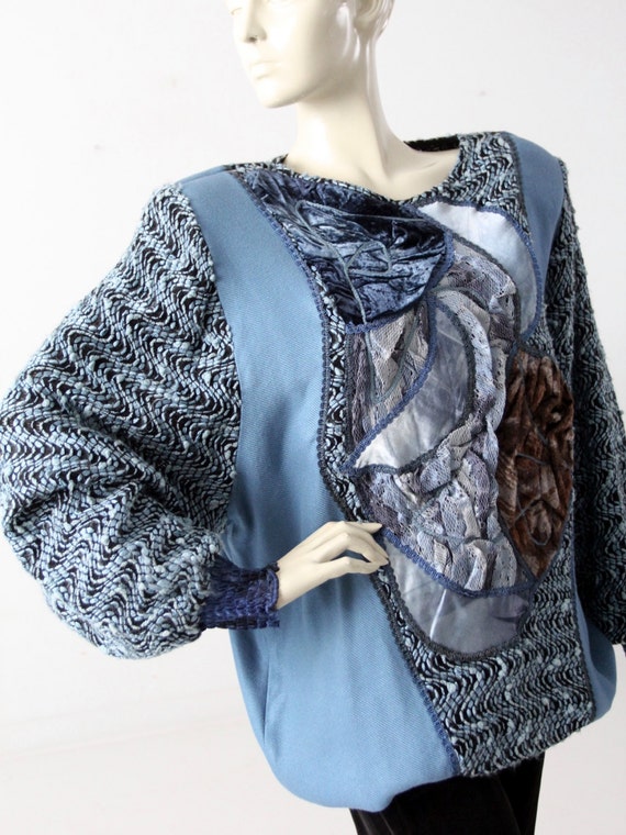 1980s velour patchwork blouse , oversize blue top - image 3